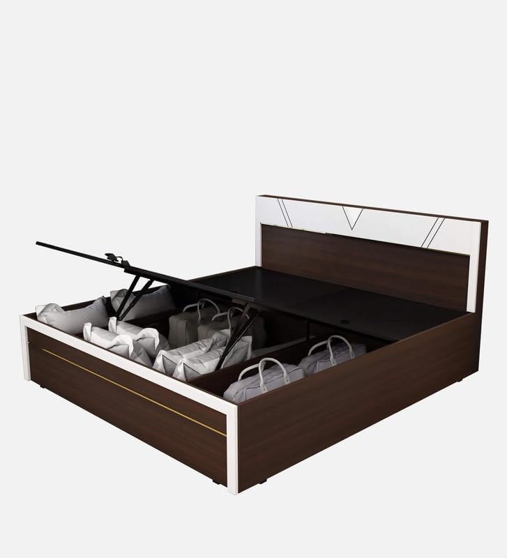 Image of Mintwud Pepperfry Engineered Wood King Size Bed with Hydraulic Storage | Wooden Double Bed Cot Palang Furniture with Headboard for Home Bedroom Living Room and Hotel (Dark Elm Finish)
