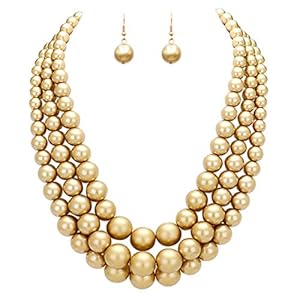 Rosemarie & Jubalee Women’s 3 Colorful Multi Strands Simulated Pearl Necklace And Earrings Jewelry Gift Set, 18″+3″ Extender