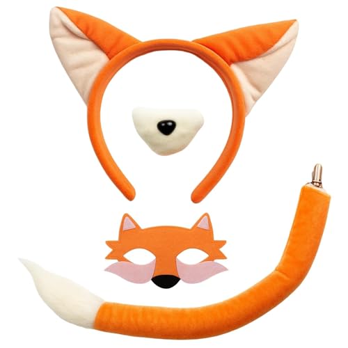 SurPse Fox Costume Set 4 Pcs - Adjustable Fox Ears Headband & Mask with Realistic Tail Animal Cosplay Fancy Dress for Halloween Carnival Party Supplies (for Teens & Adults 14+)
