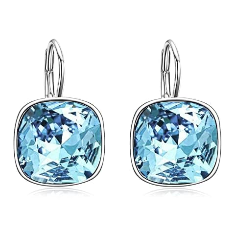 AOBOCO Sterling Silver Leverback Earrings with Simulated March Birthstone Crystals from Austria, Hypoallergenic Simulated Aquamarine Earrings, Fine Birthday Jewelry Gifts for Women Grandma Wife Mom Cover