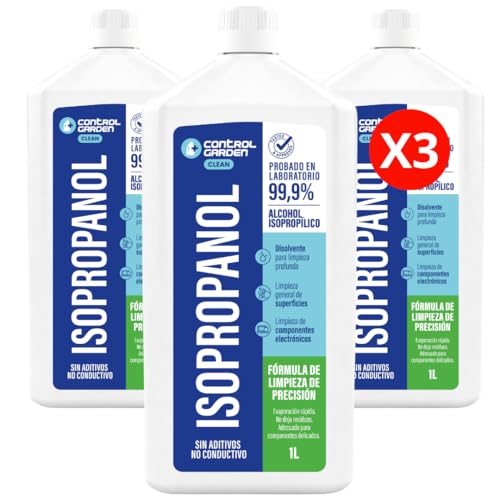CONTROL GARDEN x3 Alcohol Isopropilico 99,9% 1 L | Isopropanol Puro Limpieza Profesional de Componentes Electronicos, Optica y Superficies Delicadas | Limpiacristales Sin Residuos Rapida Evaporacion