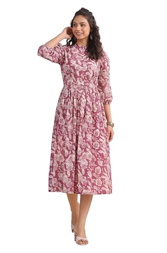 Image of Janasya Women's Cotton Floral Printed Gathered Dress