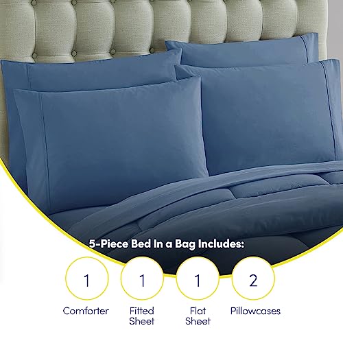 Sweet Home Collection 7 Piece Comforter Set Bag Solid Color All Season Soft Down Alternative Blanket & Luxurious Microfiber Bed Sheets, Denim, Twin XL
