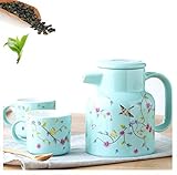 [Diseño retro azul]: tetera de 1000 ml, 4 tazas de 200 ml, asas antideslizantes son fáciles de usar. La taza de té es redonda y cómoda y fácil de manejar. Se pueden cambiar a voluntad dos tipos de orificios de filtro en la boca de la botella. Se puede usar con el filtro (el producto no está equipado con un filtro separado)