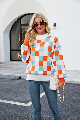 Image of Spring Sweaters for Women, Women's Long Sleeve Turtleneck Stripes Plaid Trendy Oversized Ribbed Knit Pullover Sweater