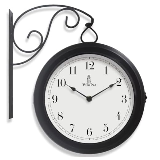 Metal Double Sided Wall Clock 10" - Decorative Indoor Outdoor Double Sided Clock - Easy to Read, Hanging Train Station Clock for Patio, Garden, Office & More - Antique Style Outside Corner Clock Decor