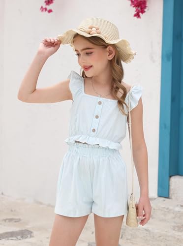Image of Girl's Summer Clothing Sets Knit Ruffle Striped T-Shirt and Shorts 2 Piece Outfits