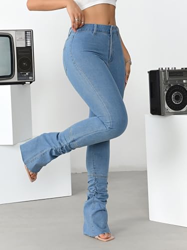 Women's Stacked Jeans Mid Waisted Bootcut Skinny Stretchy Denim Pants3