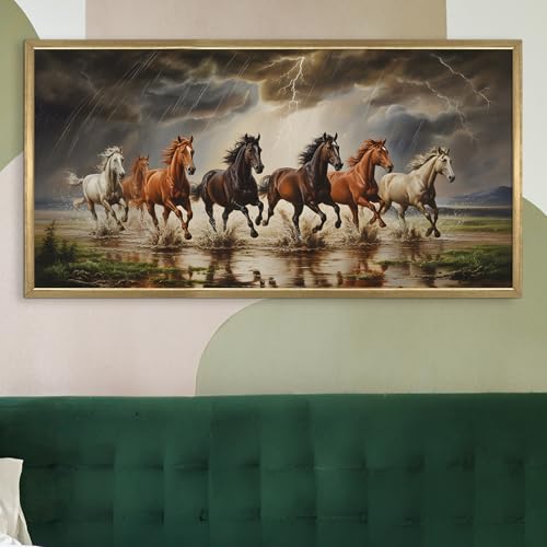 Image of PAPER PLANE DESIGN Seven Running Horses HD Canvas Print Wall Art - Premium Vastu Golden Box Frame With Acrylic - Elegant Home & Office Decor - Size: 2 x 4 Feet. (A)