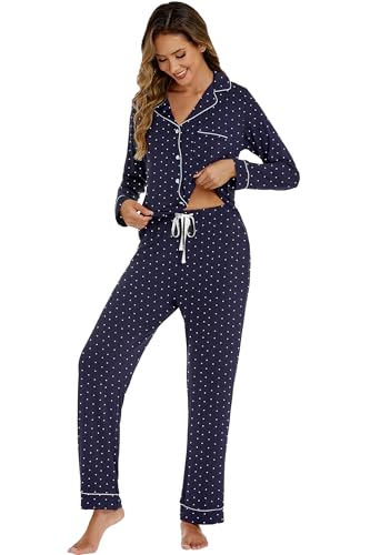 Image of LUBOT Womens Bamboo Viscose Pajamas Set 2 Piece PJs Set for Women Buttery Soft Button-Down Long Sleeve Cozy Printed Sleepwear Loungewear (Navy Blue Dot, S)