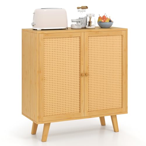 Giantex Bamboo Buffet Cabinet, Boho Sideboard Storage Cabinet with PE Rattan Doors, Freestanding Kitchen Cupboard, Coffee Bar Accent Cabinet for Living Room, Dining Room, Hallway, Natural