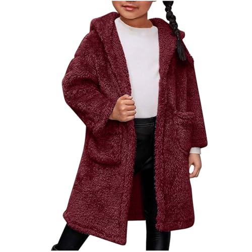 Girls Fuzzy Pea Coats Fleece Faux Fur Long Hooded Jacket Open Front Windbreaker Overcoat with Pockets 3-12 Years