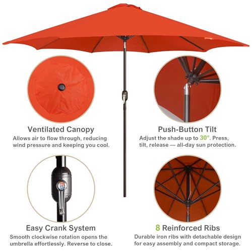 Image of Blissun 10FT Patio Umbrella, Outdoor Table Umbrella, Yard Umbrella, Market Umbrella with 8 Sturdy Ribs, Push Button Tilt and Crank, Orange