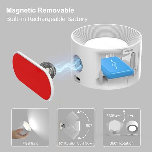 Image of Koopala 2PACK LED Wall Lamps with Rechargeable Battery Operated, Wall Mounted Lights with 3 Brightness 3 Color Temp Removable Charging 360Rotate Magnetic, Cordless Wall Sconces for Reading Bedside