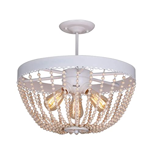 Unitary Brand White Metal and Wood Beads Round Farmhouse Bedroom Flush Mount Ceiling Light Fixture with 3 E26 Bulb Sockets, Hallway Light Fixtures Ceiling Mount, Industrial Close to Ceiling Light