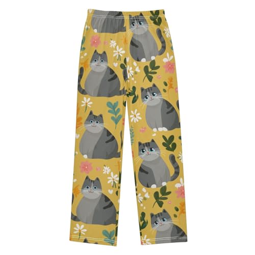 Cat Spring Florals Boys Long Pants Soft Trousers Elastic Waist Kids Lounge Bottoms with Pockets S-XL