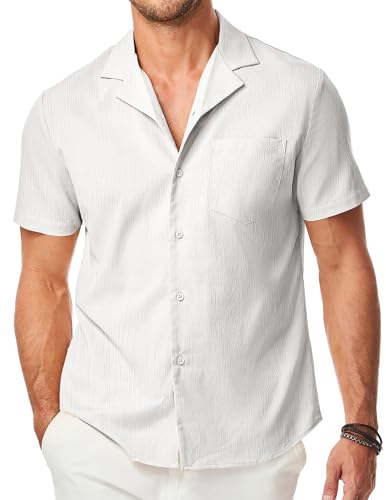 JMIERR Men's Button Down Shirts Short Sleeve Casual Shirts Beach Summer Wedding Shirt with Pocket, M,White