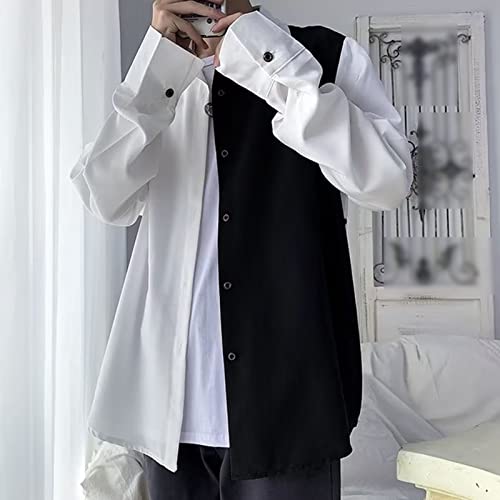 Men's Fashion Black and White Stitching Shirt Classic Contrast Shirt Casual Long Sleeve Button-Down Shirts3