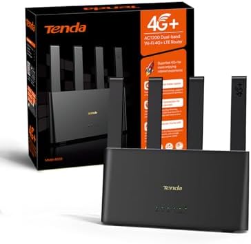 Tenda 4G08 4G+ Router SIM Karte, LTE CAT6 AC1200 bis 300 Mbit/s, Dualband | 4 externe Antennen, bis 120 m², 64 Geräte, 2.4GHz + 5GHz, 2 Gigabit-Ports, Plug & Play, OpenVPN, MU-MIMO