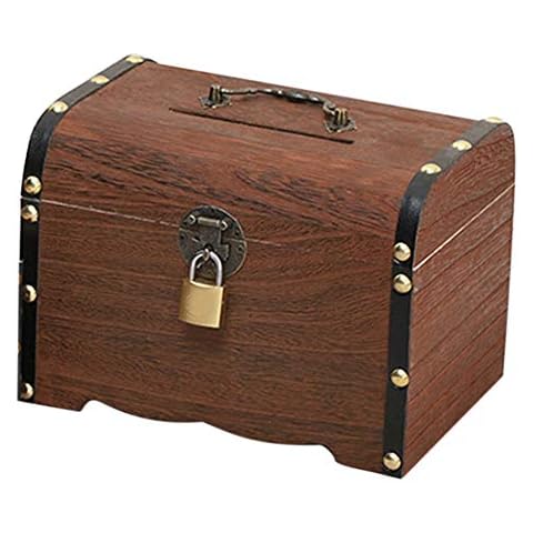 QOONESTL Piggy Bank,Retro Wooden Treasure Chest, Vintage Handmade Piggy Bank with Lock, Banknotes And Coins Safe Money Box, Children Coin Box, Best Gift for Children or Adults Cover