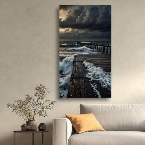 Tableau sur toile jetée océanique déco murale tempête 55x100cm