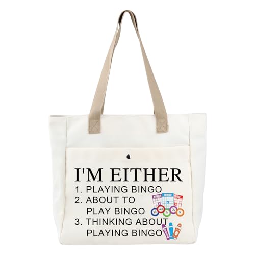 PLITI Bingo Tote Bag Bingo Lover Gift Bingo Player Gift Bingo Gambler Shoulder Bag Funny I'm Either Playing Bingo Quote Gift (I'm Either TBU)