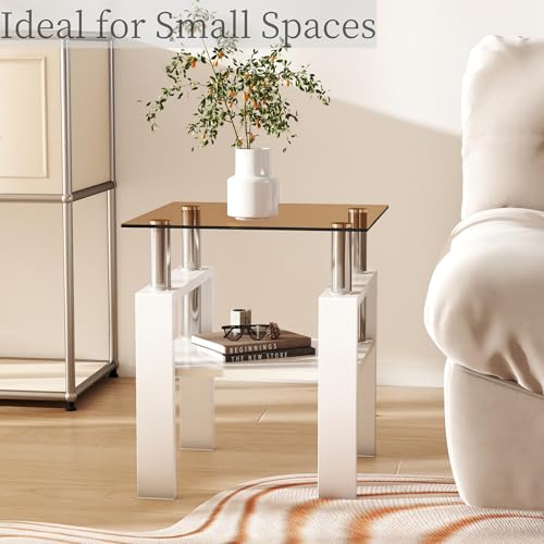 Image of Meihua Glass End Table, Square Glass Side Table, 2-Tier Modern Nightstand with Metal Legs for Living Room&Bedroom (Brown+White, Set of 2)