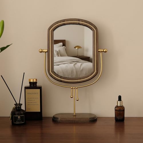 Espejo de escritorio de madera para maquillarse sin caídas con soporte estable dorado 2