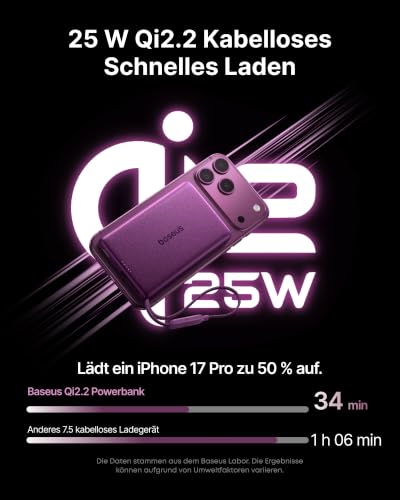 Baseus Picogo AM52 Power Bank, Qi2.2 Magsafe Powerbank 10000mAh, 25W Wireless, PD 45W Schnellladung, Integriertes USB C Kabel… – Ansicht 3
