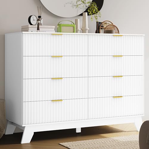Image of HUANLEGO 48 inch W Tall Fluted Dresser for Bedroom with 8 Drawer, White | Mid Century Modern Dresser for Closet, Anti-Tipping Design, Wooden Dressers & Chest of Drawers for Living Room, Home Office