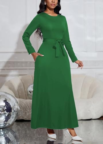 Image of BubFee Long Dress for Women Casual Long Sleeve Dresses Maxi Dress Empire Waist Loose with Belt