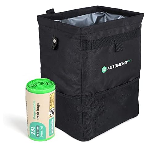 AUTOMEND PRO Car Trash Can Bundle - Truck SUV Sedan 25L (6.6 Gallon) Hanging Auto Garbage Bag with 30 Liner Refills | Hanging Waterproof Cars Storage Bin & Organizer for Back Seat Cover