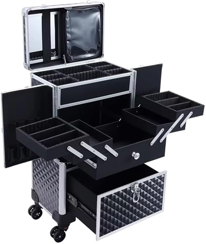 Image of Adson Multifunctional Professional Beauty Makeup Artist Rolling Cosmetic Aluminium Vanity Trolley Beauty Train case Makeup Cosmetic Trolley Hairstylist Travel Organizer (Silver with Design)