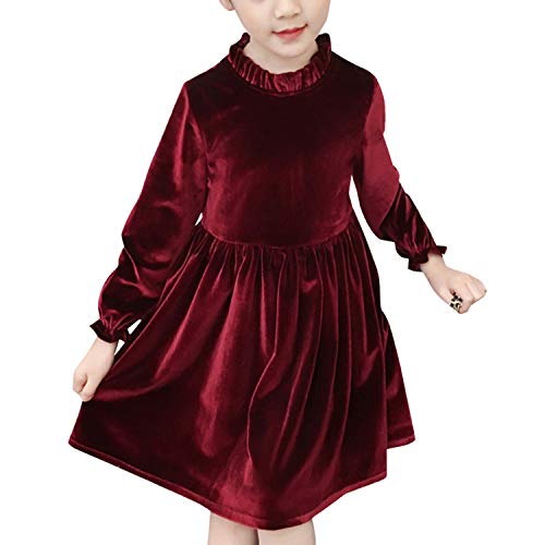 YASSON Prinzessin Kleider Kinder Mädchen Kleider Hochzeit festlich Langarmkleid Samtkleid Rundhals Knielang mit Volants für Sommer Herbst Frühling 6 Jahre weinrot Cover