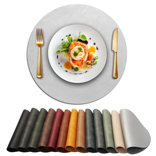Image of UnivoColors Placemats Round Faux Leather Placemats Set of 8-Waterproof-Wipe Clean-Heat Resistant-Anti Slip Dining Table Place Mats,Suitable for Indoor & Outdoor Use,15 inch.Silver