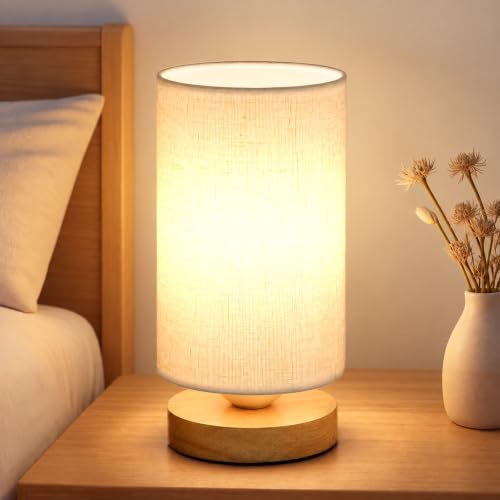 Small Bedside Table Lamp for Bedroom, Minimalist Wood Base & Round Fabric Shade, Mini Cute Cozy...