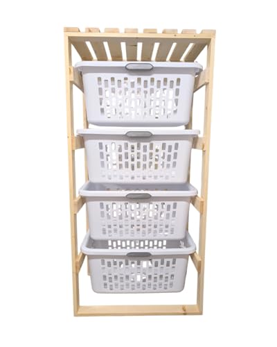 Laundry Basket Holder Storage Shelf (Solid Wood, 4 Tier, No