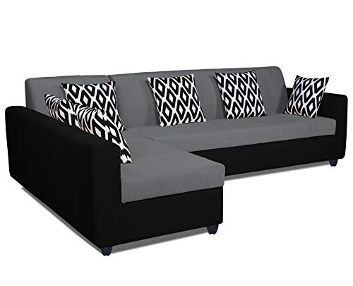 Image of Adorn India Rio Highback L Shape 6 Seater Sofa Set (Left Side Handle) (Grey & Black)