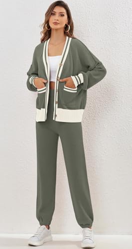 ETCYY NEW Women's 2 Piece Outfit Lounge Set Trendy Cardigan Sweater Pants Sets V Neck Button Pocket Knit Matching Loungewear4