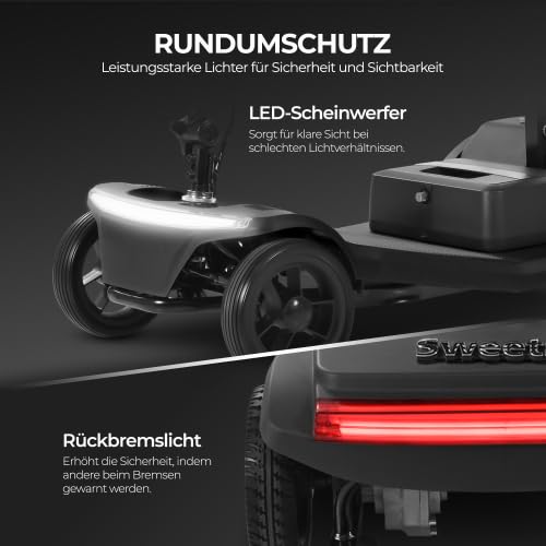 Scooter de movilidad de 4 ruedas y 6 km/h, scooter eléctrico para personas mayores, capacidad de carga de 136 kg, autonomía de 15 km, batería extraíble, luz LED, USB, negro