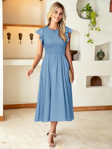 Image of Simplee Womens Striped Midi Summer Dress Linen Smocked Flutter Short Sleeve Dress Flowy Casual Dress with Pockets