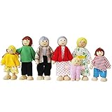Wooden Doll House Family, 7 Miniature Figures - Dress-Up Characters: Grandpa, Grandma, Mom, Dad, Boy, Girl