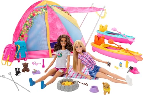 ​Barbie Dolls and Accessories, 2 Brunette and Blonde Fashion Dolls with Tent, 2 Sleeping Bags, Kayaks, & 15+ Camping Accessories