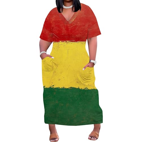 Image of Plus Size Maxi Dress for Women Short Sleeve V Neck Casual Loose Sundress with Pockets