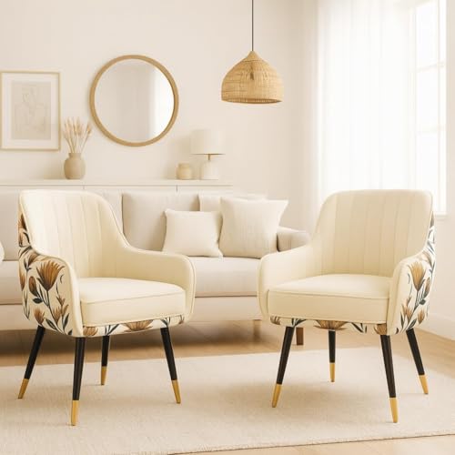 Image of Velvet Chair with Floral Pillow for Home | Modern Accent Armchair in Soft Velvet Fabric with Golden Legs | Set of 2 Premium Accent Chair for Living Room Bedroom (White Floral)