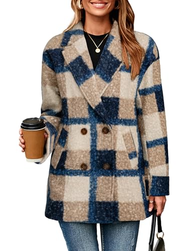 Image of Glamaker Womens Winter Lapel Collar Plaid Jacket Double Breasted Work Pea Coat Jackets Casual Trendy(Blue,Small)