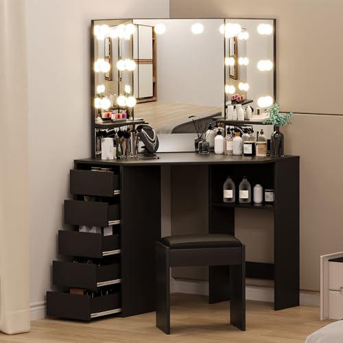 Garvee Corner Vanity Desk and Bench, Makeup Vanity Table with