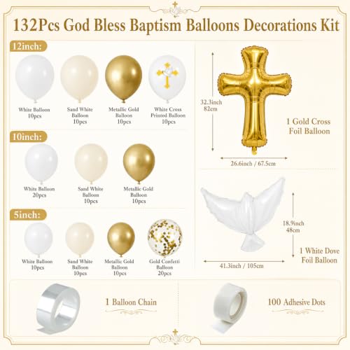 Image of 132Pcs God Bless Baptism Decorations Kit White Sand White and Gold Balloon Garland Arch with Dove Cross Foil Balloons for First Holy Communion God Bless Christening Baptism Birthday Party Supplies