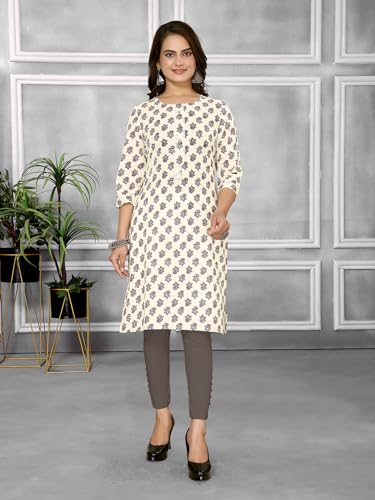 Image of rangita Off White Cotton Knee Length Printed Straight Kurti for Women | Kurta for Women