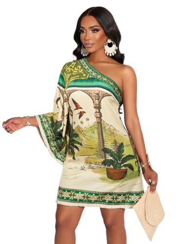 Image of KATECLO Women's One-Shoulder Boho Mini Dress - Asymmetrical Sleeve Floral Print Summer Shift Dress with Border Trim